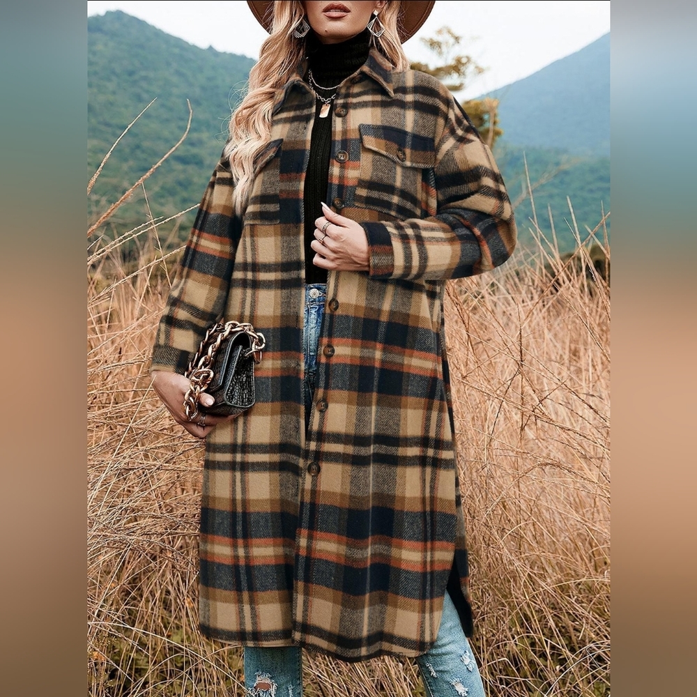 Casual Button Flap Pocket Plaid Overshirt Khaki Warm Coat (It Runs Big)